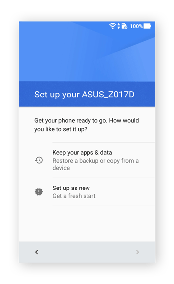 The setup menu in Android 7.0 on an Asus phone